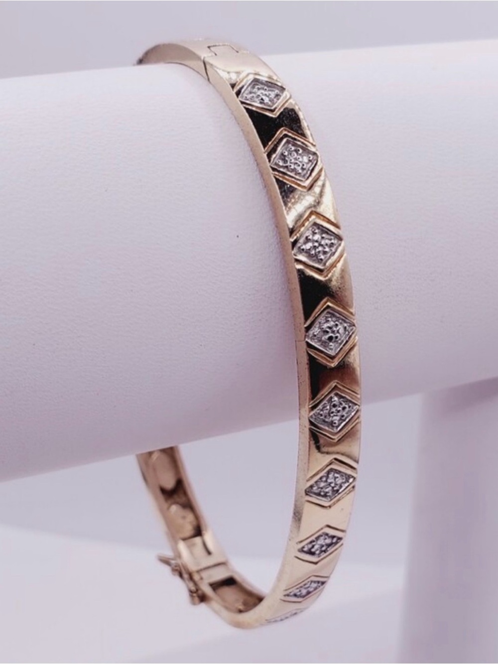 Diamond Pave accent yellow gold over 925 sterling silver hinged bracelet